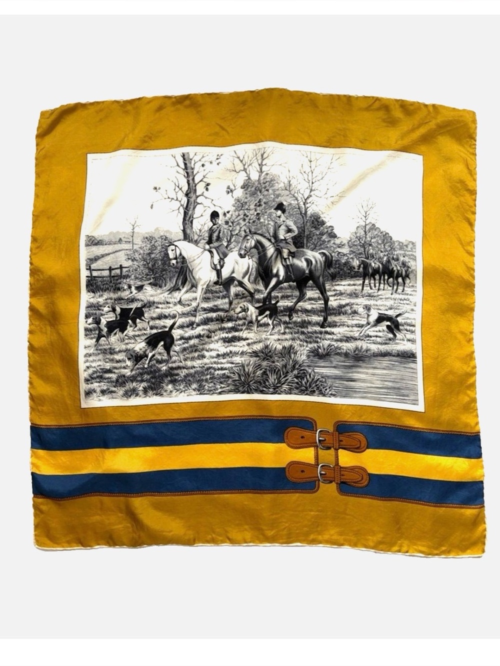 Vintage Equestrian Fox Hunt Horse Riding Silk Look Square Scarf Gold Blue